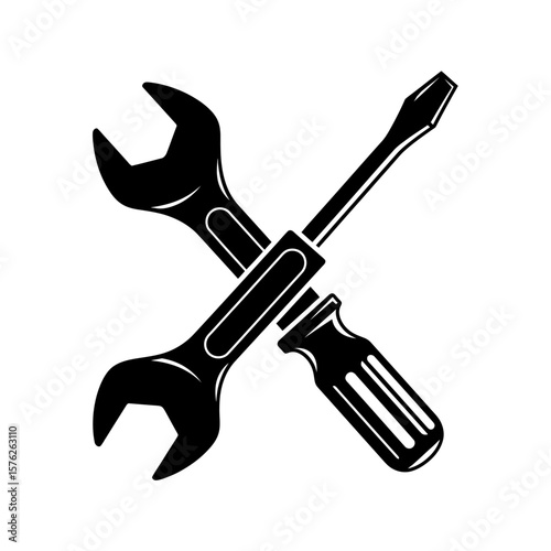 Illustration of a black wrench and screwdriver crossed on a white background