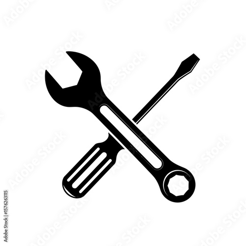 Illustration of a black wrench and screwdriver crossed on a white background