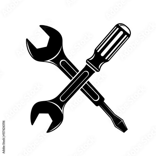 Illustration of a wrench and screwdriver crossed in black against a white background
