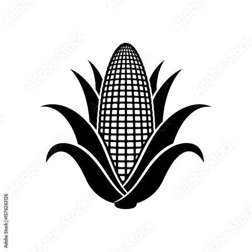 A black and white graphic illustration of an ear of corn with husk leaves