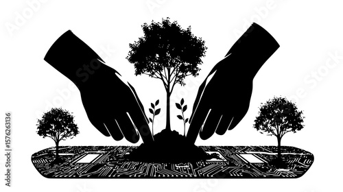 Silhouetted hands tending to a tree and saplings on a circuit board, signifying the harmony between technology and nature
