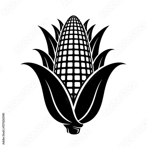 Black and white vector illustration of an ear of corn with leaves around it