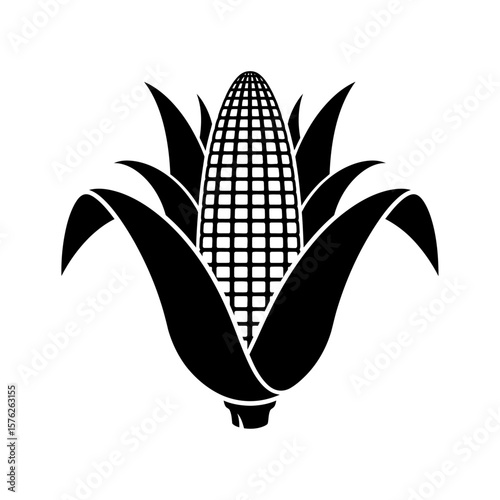 Black and white graphic illustration of an ear of corn with husk leaves