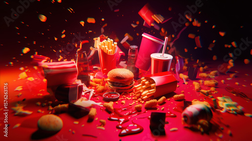 Exploding fast food feast on a red surface with flying fries, nuggets, burger, and soda during a party