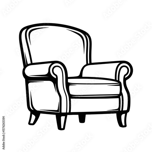 Illustration of a classic armchair with rounded arms in black and white