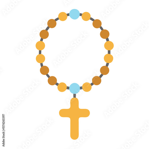 Wooden rosary beads with cross in simple illustration style  