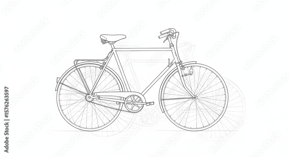 Fototapeta premium Line art illustration of a vintage bicycle with faint overlapping outlines creating a dynamic design element on a clean white background.