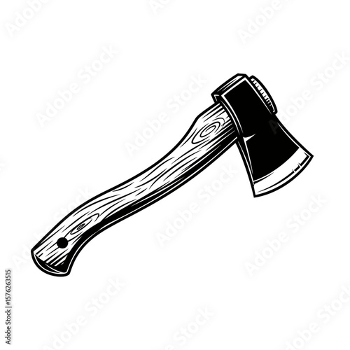 Illustration of a black and white axe with a wooden handle on white background