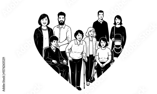 A diverse group of people, including children, adults, and seniors, some with disabilities, are depicted in a heart shape