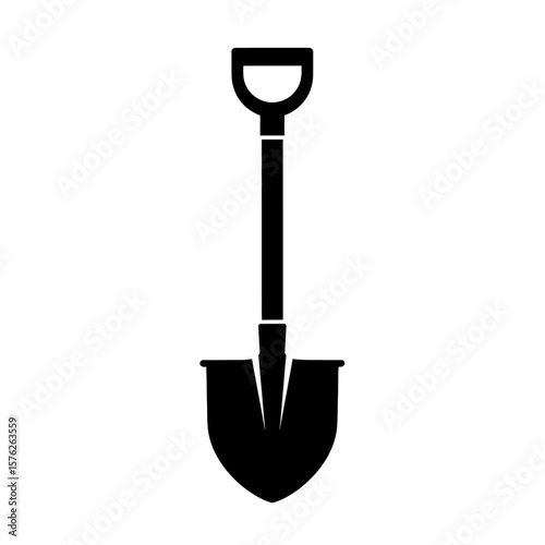 Illustration of a black shovel with a d shaped handle on a white backdrop