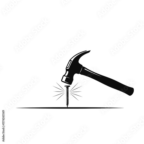 Black and white illustration of a hammer hitting a nail into a surface line