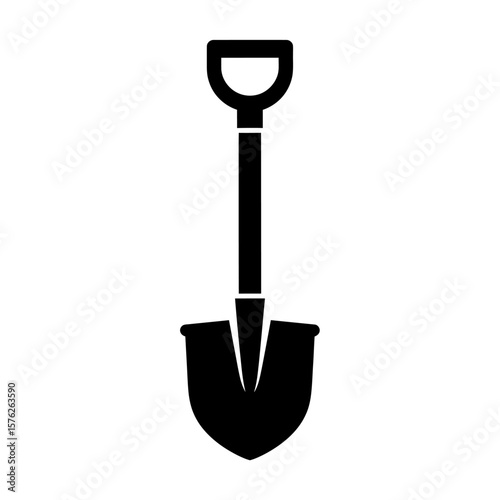 A black shovel with a d shaped handle isolated on a plain white background