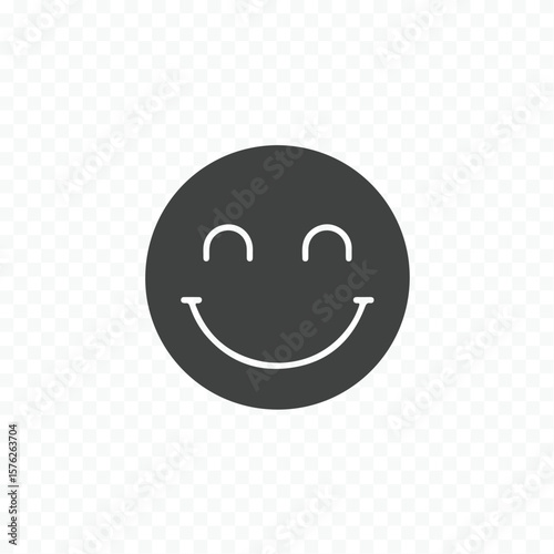 A simple dark gray circular smiley face icon with closed eyes and a broad smile presented in a clean silhouette style