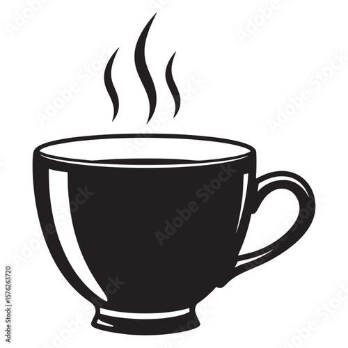 Simple black and white illustration of a steaming coffee mug for branding and design