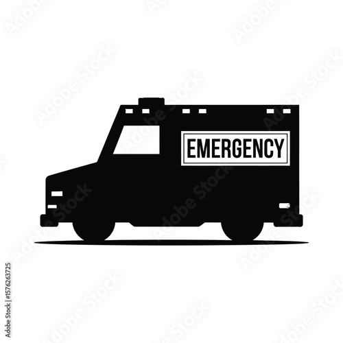 Black silhouette of an armored truck with the word emergency isolated on white background silhouette