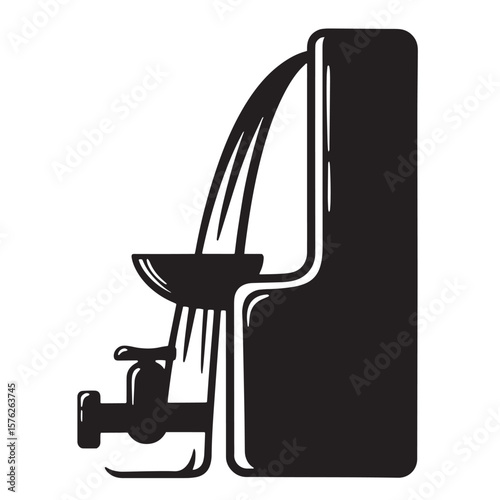 Simple black and white illustration of a water fountain with flowing water and tap