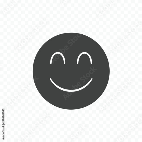 A simple yet expressive dark gray circular smiley face with closed eyes and a wide smile rendered in a clean silhouette style