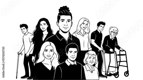 Diverse family generations gathered, a monochrome illustration showing young, adult, and senior figures, creating a sense of community.