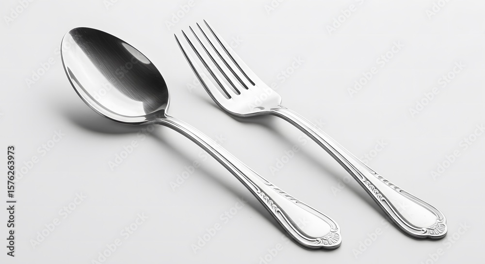 Elegant Stainless Steel Spoon and Fork Set Against a White Background Elegant Stainless Steel Spoon and Fork Set Against a White Background