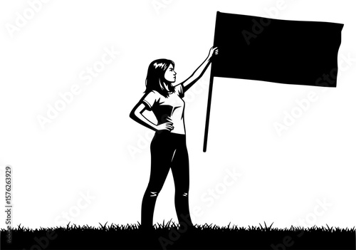 A determined woman holds a black flag aloft on a grassy field, symbolizing protest and advocacy