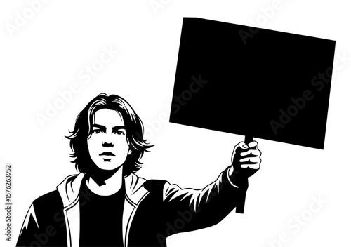 A young man holds a blank black sign, conveying a message of protest or advocacy against a white background