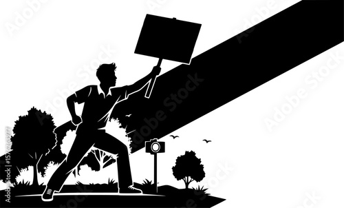 A silhouetted man holds a blank sign aloft in a dynamic pose, with a diagonal beam of light casting a shadow