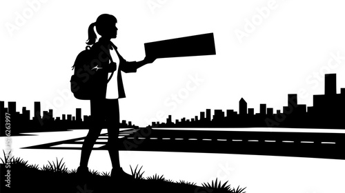 A silhouetted woman with a backpack stands by a road with a blank sign, a city skyline in the background