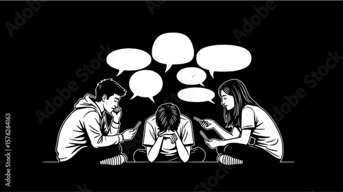 A distressed teenager sits with head in hands as others surround them with phones and empty speech bubbles