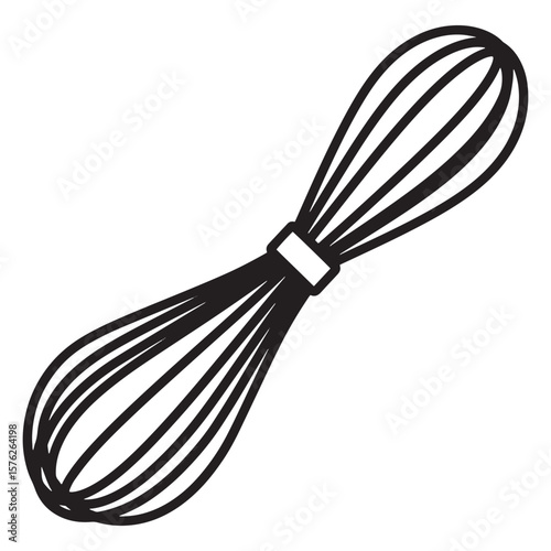 Simple black and white line art illustration of a whisk for kitchen baking or cooking