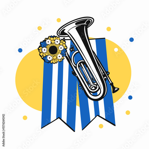Brass Band Trumpet with Floral Accents and Striped Background for Oktoberfest, Festival Themes, Party Decorations, and Cultural Event Promotions  