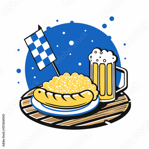 Bratwurst and Sauerkraut with Beer on Wooden Platter for Oktoberfest Celebrations, Food Blogs, Menu Designs, and Cultural Awareness  