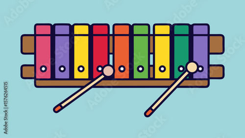 A colorful set of xylophones are shown on a blue background. The xylophones are arranged in a row, with the top row being the most colorful. Concept of joy and playfulness