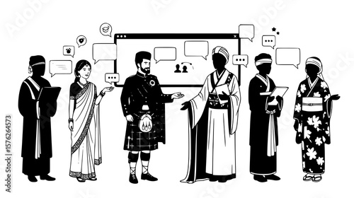 Diverse people in traditional clothing communicating