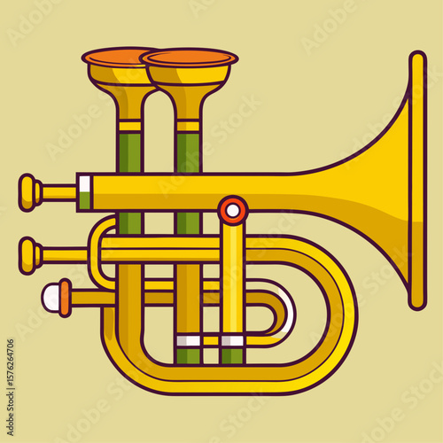 A cartoonish drawing of a trumpet with a yellow and green color scheme. The trumpet is shown in a close up, with the bell and the mouthpiece clearly visible. Scene is playful and whimsical