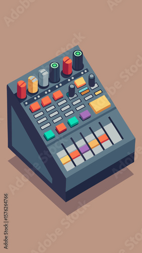 A vintage electronic device with a green, red, and yellow color scheme. The device has a number of buttons and knobs, and it is a mixing board