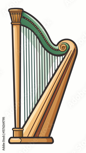 A long brown and gold stringed instrument with a curved neck. The instrument is a harp