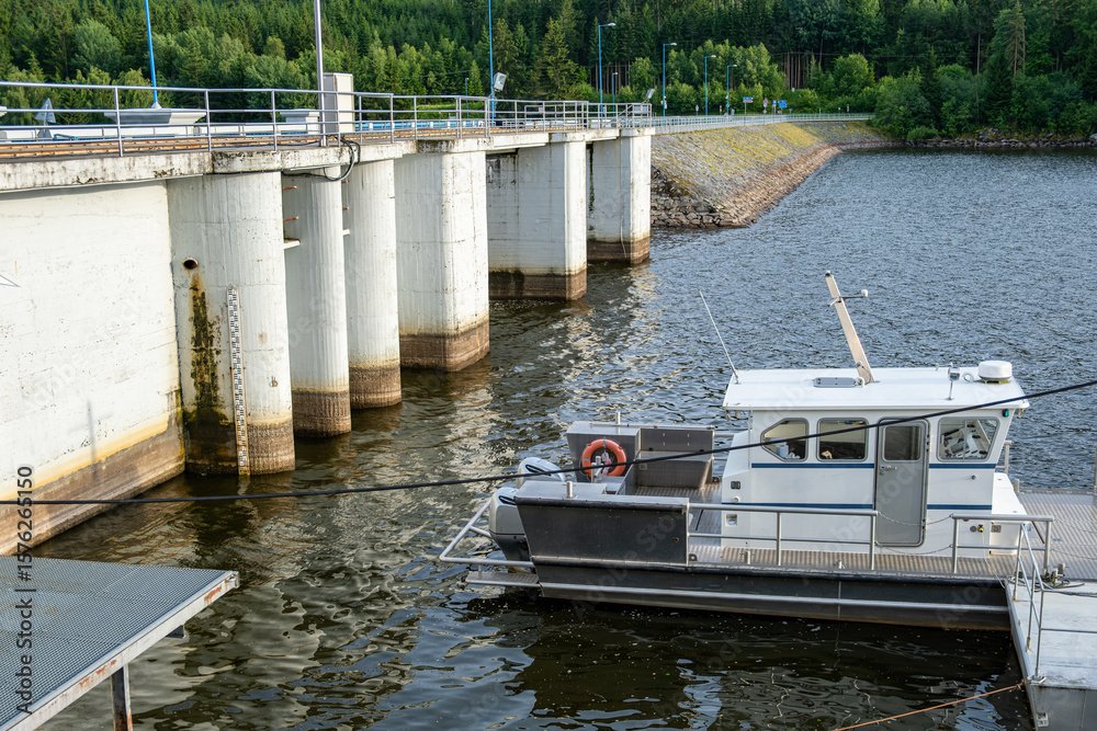 Fototapeta premium Inspection boat near concrete dam pillars and gauge