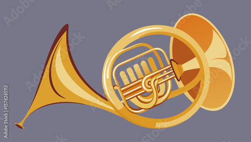 A large golden trumpet with a gold colored bell. The trumpet is the main focus of the image