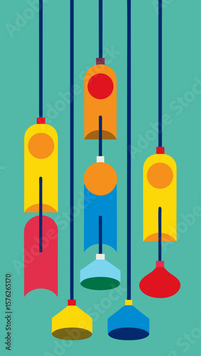 A colorful display of hanging objects with a blue and white background. The objects are of various shapes and sizes, and they are suspended from the ceiling. Scene is cheerful and playful