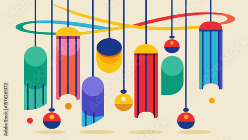 A colorful display of hanging objects with a blue and white background. The objects are of various shapes and sizes, and they are suspended from the ceiling. Scene is cheerful and playful