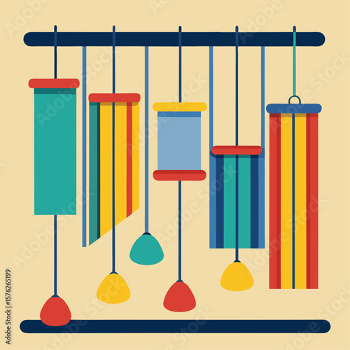 A colorful display of hanging objects with a blue and white background. The objects are of various shapes and sizes, and they are suspended from the ceiling. Scene is cheerful and playful
