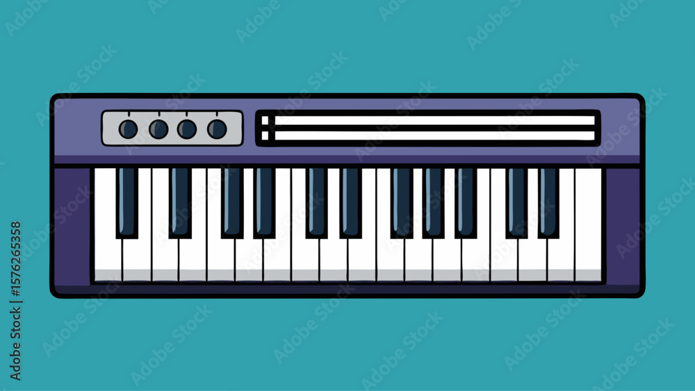 A purple keyboard with white keys. The keyboard is on a blue background A purple keyboard with white keys. The keyboard is on a blue background