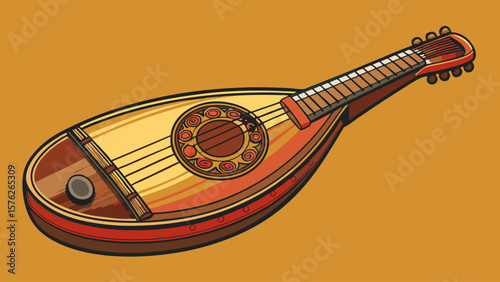 A mandolin is shown in a drawing on a yellow background. The mandolin is a small, wooden instrument with a round head and a long neck. The drawing is colorful and lively
