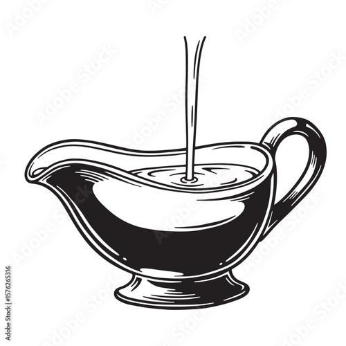 Vintage illustration of gravy being poured into a classic ceramic sauce boat