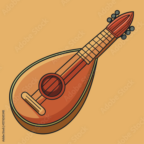 A mandolin is shown in a drawing on a yellow background. The mandolin is a small, wooden instrument with a round head and a long neck. The drawing is colorful and lively