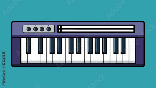 A purple keyboard with white keys. The keyboard is on a blue background