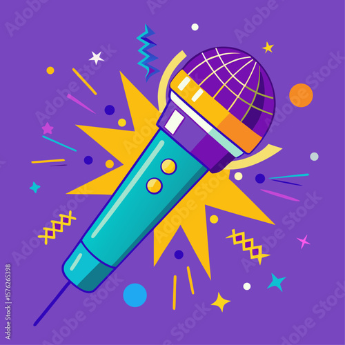 A microphone with a colorful background and lots of sparkles. The microphone is the main focus of the image, and the background and sparkles add a sense of excitement and energy to the scene