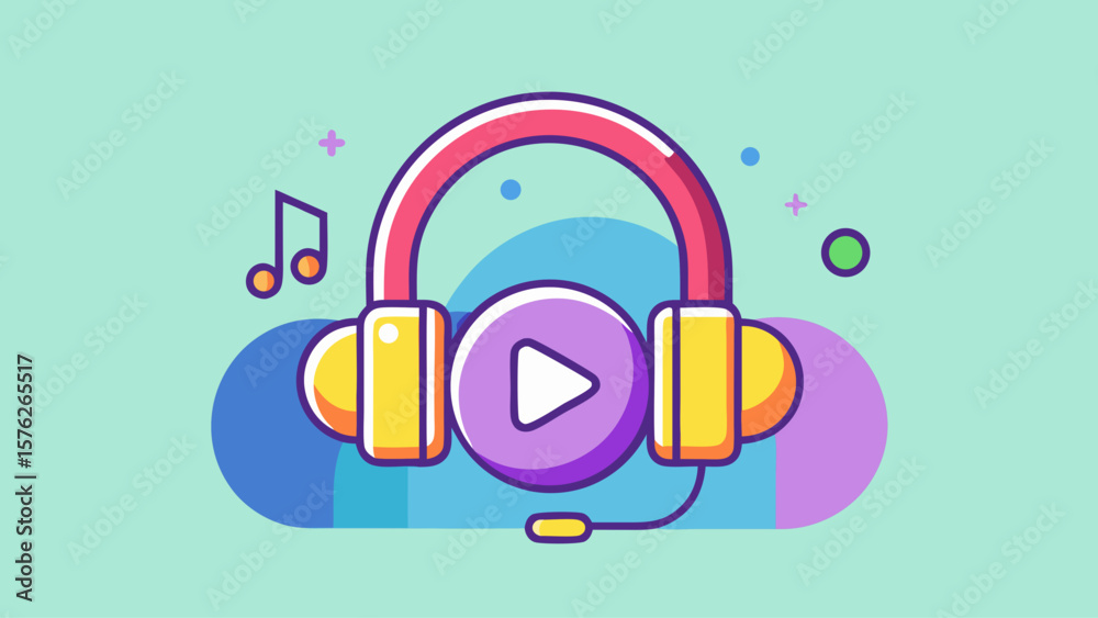 Fototapeta premium A cartoon image of a music player with a red and yellow head and a yellow button. The image is on a green background