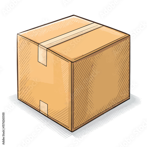 A simple hand drawn illustration of a closed cardboard shipping box with tape sealing the seams