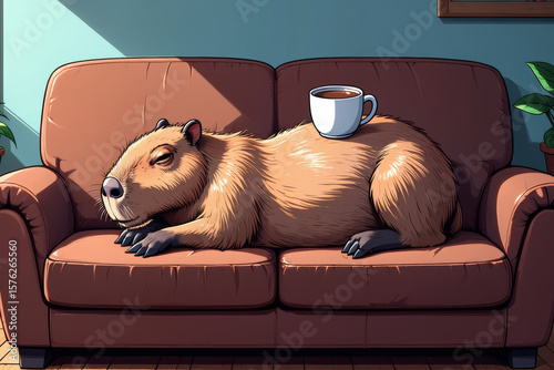 Capybara relaxing comfortably on a cozy sofa, surrounded by soft cushions, enjoying a peaceful and calm atmosphere indoors..